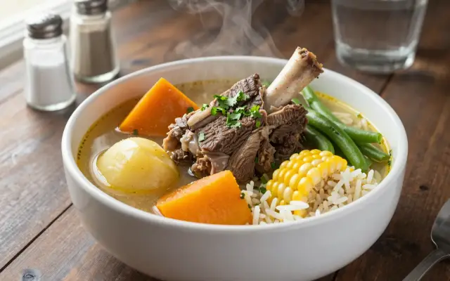 Cazuela de vacuno chilena — caldo claro con papa, zapallo y choclo