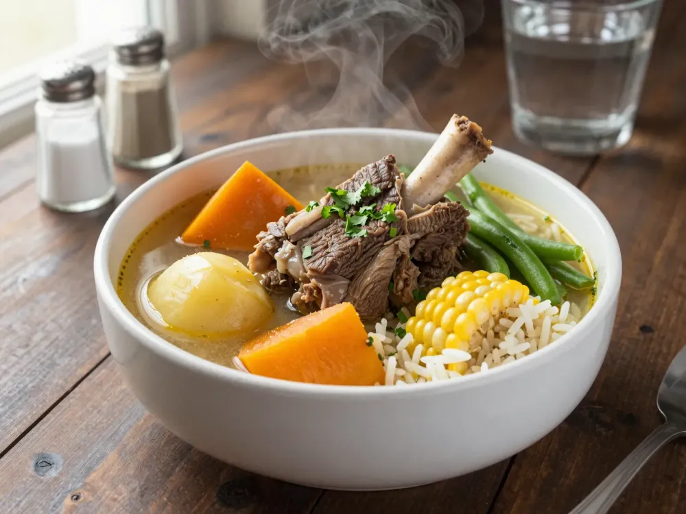 Cazuela de vacuno chilena — caldo claro con papa, zapallo y choclo