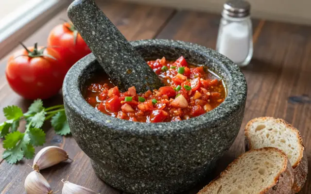 Chancho en piedra — la salsa de tomate y ajo machacada en mortero