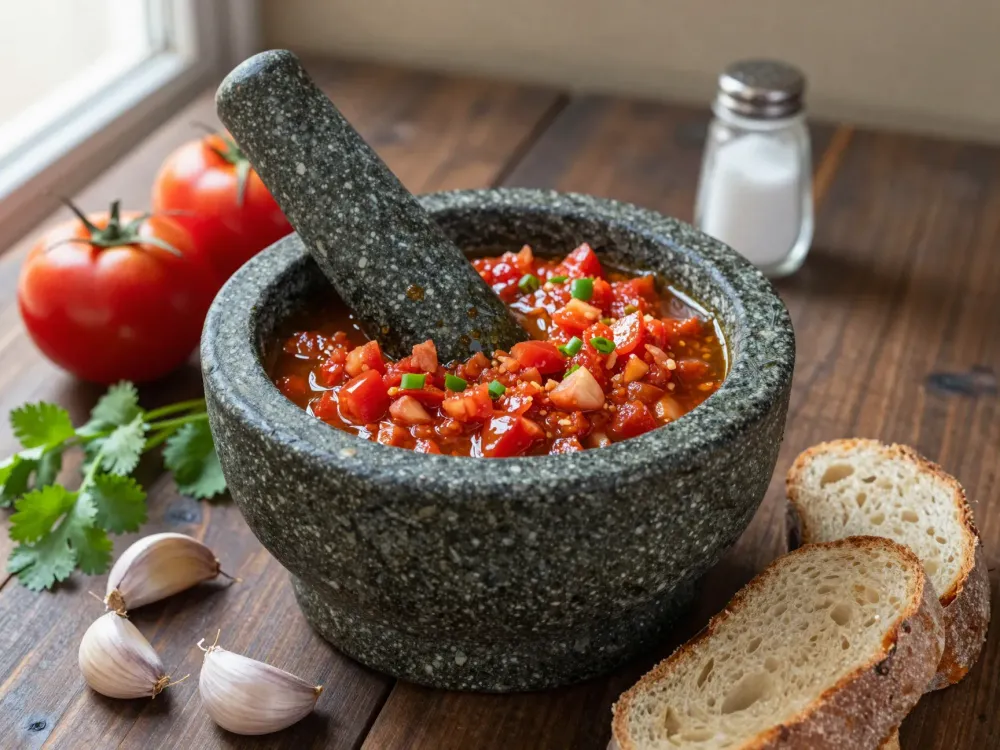Chancho en piedra — la salsa de tomate y ajo machacada en mortero