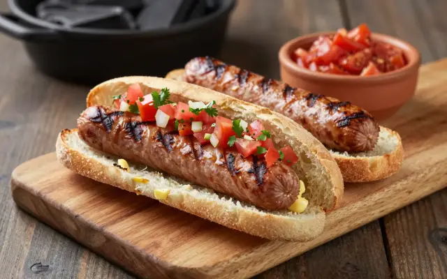 Choripán chileno — longaniza a la parrilla en marraqueta con pebre