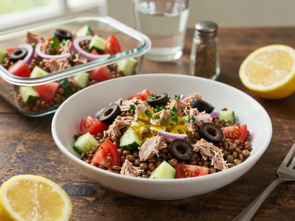 Ensalada de lentejas y atún con verduras crujientes
