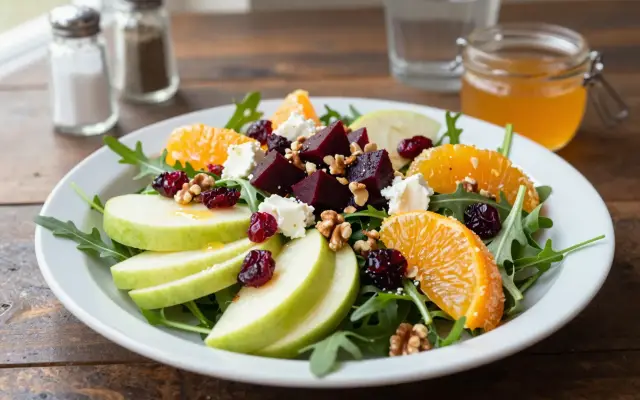 Ensalada de Navidad fresca — manzana verde, betarraga, naranja y nueces