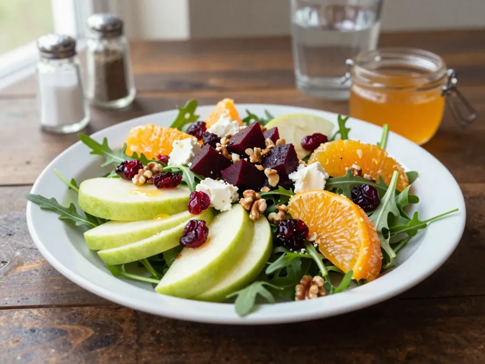 Ensalada de Navidad fresca — manzana verde, betarraga, naranja y nueces
