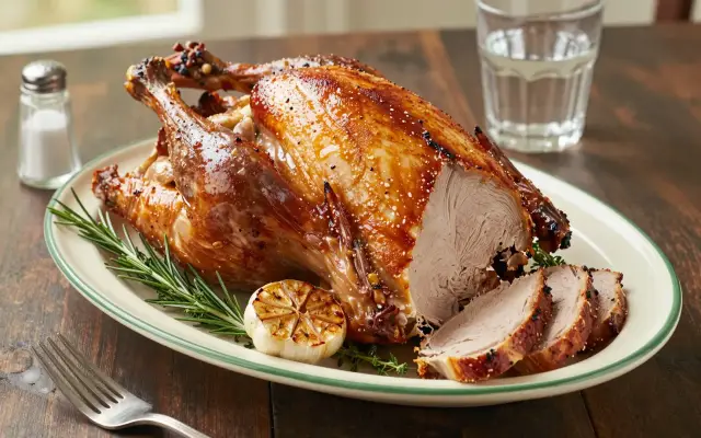 Pavo al horno jugoso — salmuera seca, mantequilla de hierbas y termómetro
